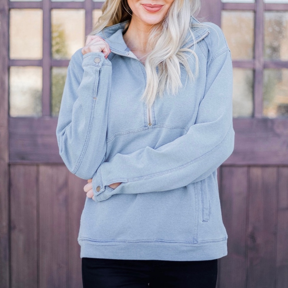 Denim Half Zip Pullover - Picture 2 of 8
